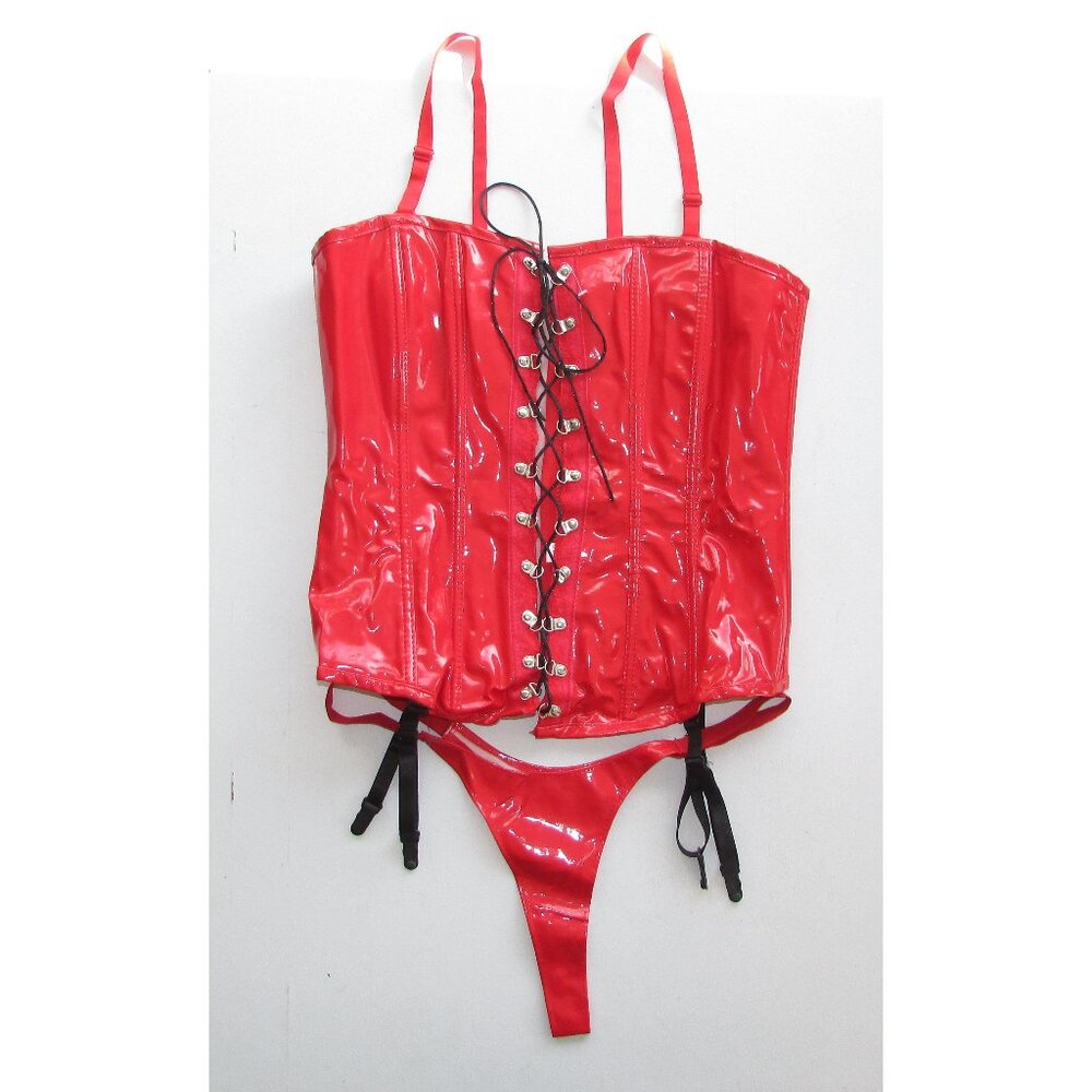 Red Shiny Vinyl Lace up Front Corset Thong Set - NEW